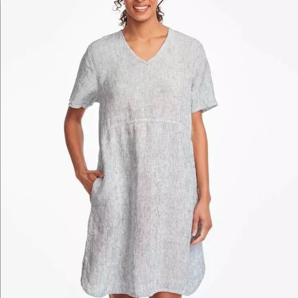 FLAX NWOT 100% Linen Navy Stria Dress. FLAX SIZE M
